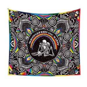 Psychedelic mandala tapestry with skeletons and rainbow stripes in a bohemian style