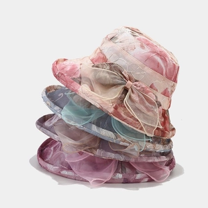 Women Bucket Hat Floral Print Organza Bow Summer Sun Protection Breathable Elegant Outdoor Beach Basin Hat