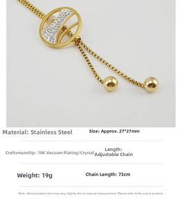 Detail of 18K gold plated stainless steel necklace with sparkling rhinestone pendant size info
