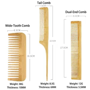 Eco-friendly bamboo hair comb set including tail comb, dual comb and wide-tooth comb