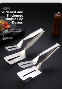 Detailed macro of SUS 304 stainless steel spatula tongs showing serrated edge and dual-side design