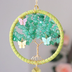 Handmade Tree of Life car charm with green aventurine stones and crystal pendant