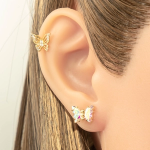 Golden butterfly stud earrings with opal stone and sparkling micro diamonds for women