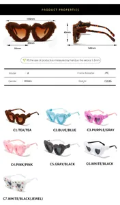 Detailed size chart for heart-shaped plush sunglasses with precise frame measurements