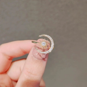 Sun And Moon Open Adjustable Ring Alloy Rhinestone Celestial Gold Luxury Jewelry For Women Micro Pave