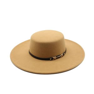 Classic camel wool felt boater hat with flat brim and black leather belt gold buckle