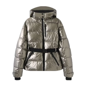 Metallic silver hooded puffer jacket with black waist belt and sleek shiny finish