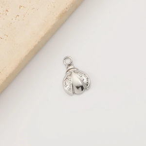 Macro view of a silver stainless steel ladybug pendant on a natural stone background