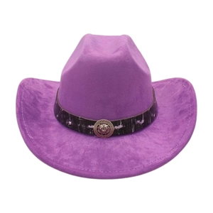 Purple western cowboy hat with suede texture and silver lion head metal buckle embellishment