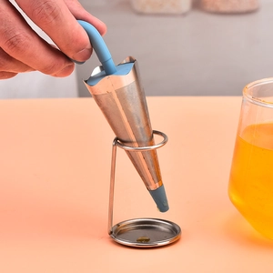 Creative umbrella-shaped stainless steel tea infuser with a blue silicone handle and stand