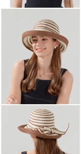 Close-up of woven straw sun hat with striped pattern and a bow detail on the back