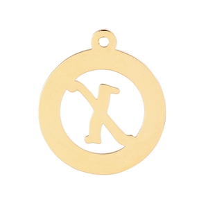 Macro shot of circular hollow gold-plated pendant with a cut-out geometric alphabet letter