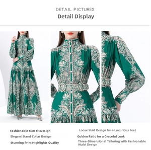 Detail view of vintage dark green floral maxi dress with stand collar and lantern sleeves