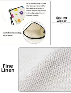 Detailed close-up of smooth alloy zipper and durable linen fabric texture on floral bag