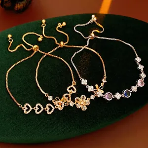Bracelet Pendentif Fleur Coeur En Cuivre Zircon Chaîne Coulissante Réglable Bijoux Mode Pour Femmes Mariage Anniversaire