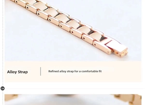 Detailed close-up of a rose gold alloy watch strap with a polished link structure