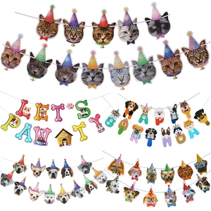 Pet Dog Cat Happy Birthday Banner Paper Cartoon Animal Head Garland Hanging Decoration For Birthday Party Supplies