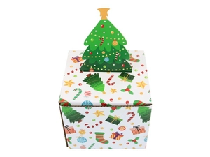 Detailed view of Christmas candy box with 3D folding tree closure and festive holiday patterns