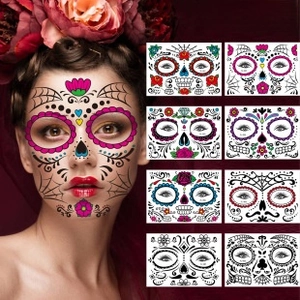 Set of 8 Day of the Dead face tattoos with colorful floral and skull patterns for Halloween