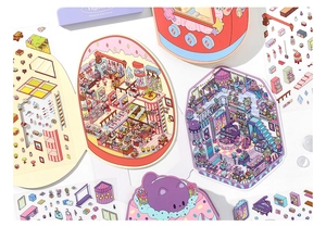 Detailed view of cute 3D scenery stickers featuring miniature rooms and cozy furniture