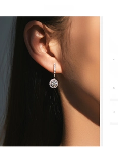 Macro shot of s925 silver halo earrings featuring a brilliant round center stone