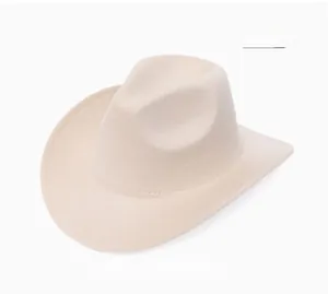 Top view of beige flat brim felt hat showing classic crown indentation and stitching