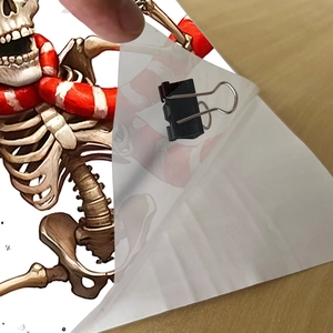 Detail of waterproof dancing skeleton Christmas sticker showing the clear peel-off layer