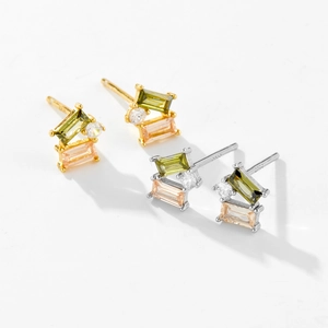 S925 Sterling Silver Stud Earrings with Champagne and Purple Square Zircon Stones