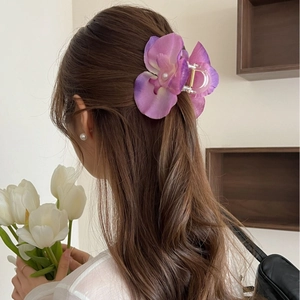 Purple orchid flower hair claw clip with white pearl and streamers for women hair styling