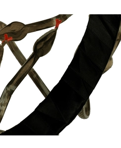 Close-up of bronze Medusa snake headband showing intricate textures and silk ribbon wrapping