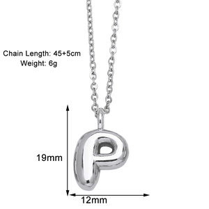 Detail view of silver P letter necklace with 19mm pendant and 45+5cm adjustable chain