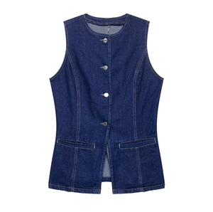 Women's dark blue denim vest featuring round neck and single-breasted design on white background