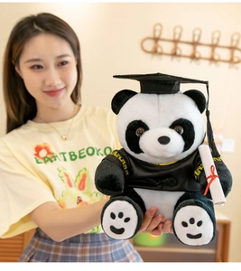 Gros plan d'une peluche panda diplômé avec toque de docteur tenue par une personne