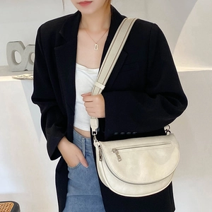 2025 Trendy off-white PU leather half-moon crossbody bag with wide strap and front pocket