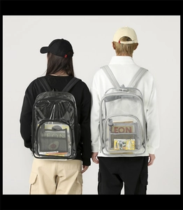 Detail of transparent waterproof PVC backpack showing large capacity and zipper texture