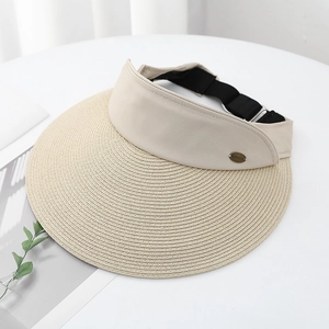Women's beige straw open-top sun hat with wide brim and adjustable elastic strap