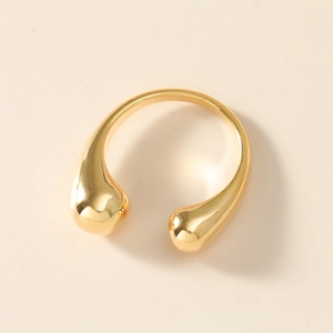 Minimalist gold-plated open ring featuring a dual teardrop design with a polished finish