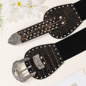 Vintage wide elastic waist belt for women with brown crocodile pattern and silver rivets