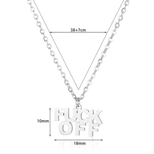 Detail view of FUCK OFF letter pendant necklace with 38+7cm length and size specs