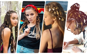 Vues détaillées d'un ensemble de bijoux de cheveux dorés avec pendentifs coquillage