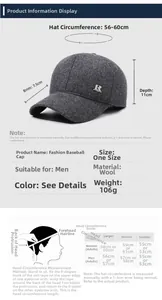 Size chart for men's winter wool baseball cap with head circumference and dimensions