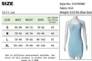 Tabella taglie dettagliata per abito in maglia a righe con misure da S a XL