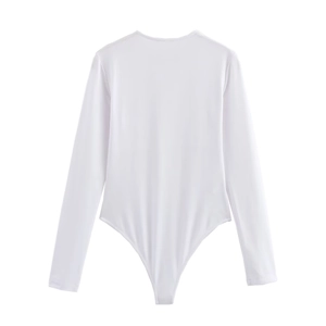 Rear view of long sleeve white bodysuit in elastic form-fitting fabric on white background