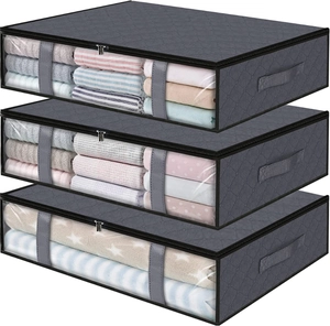 Three grey non-woven fabric storage boxes with clear windows and reinforced handles