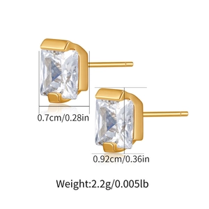 Detail view of square zircon stud earrings with gold finish and precise measurements