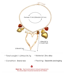 Detailed size measurement of vintage boho gold zinc alloy multi-heart pendant necklace