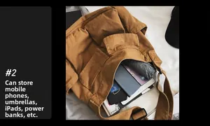 Detail view of brown canvas crossbody bag showing three functional pockets and large capacity