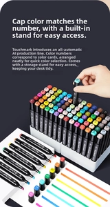 Dual-tip markers with plastic storage base and color swatches showing vibrant ink shades