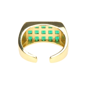 Detail of 18K gold-plated wide band ring featuring two rows of green square zircon stones