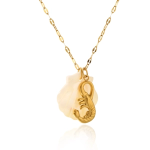 Detail of 18K gold stainless steel necklace with scorpion and shell pendants on white background